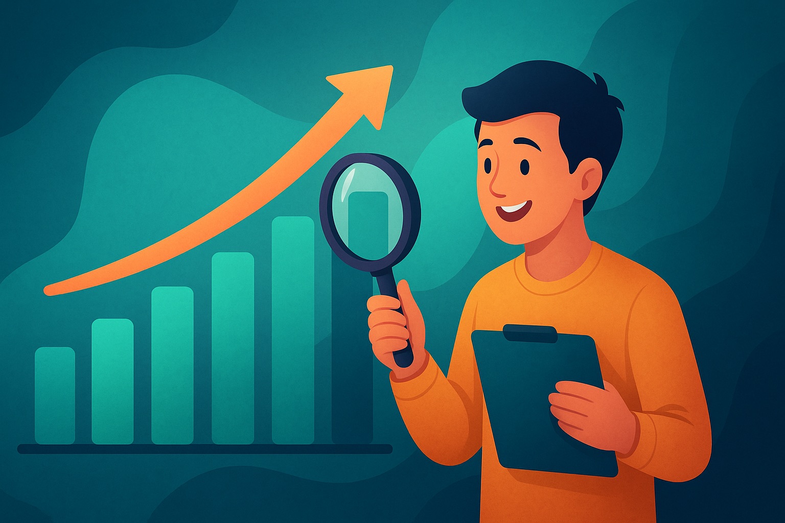 Illustration of a person analyzing progress with a magnifying glass and rising chart